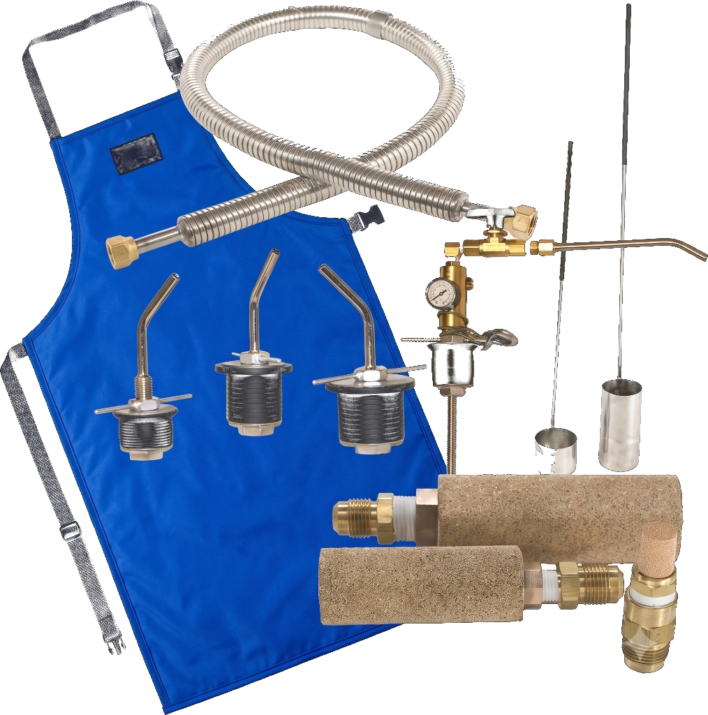 Cryogenic accessories including aprons, hoses, and withdrawal devices